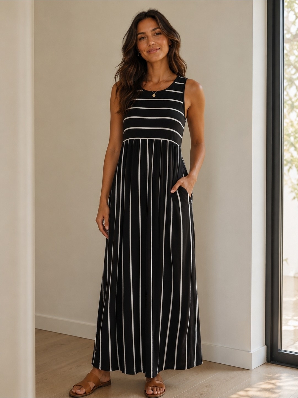 Black and White Striped Sleeveless Maxi Dress
